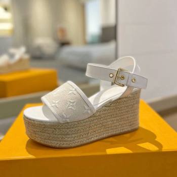 Louis Vuitton Starboard Wedge Sandals 10cm in Monogram-embroidered Cotton White 2024 (MD-240320100)