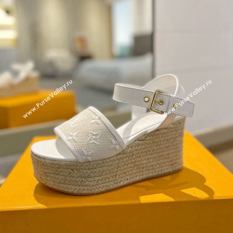 Louis Vuitton Starboard Wedge Sandals 10cm in Monogram-embroidered Cotton White 2024 (MD-240320100)