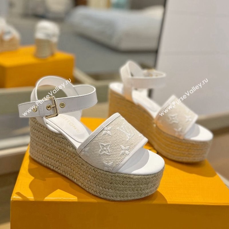 Louis Vuitton Starboard Wedge Sandals 10cm in Monogram-embroidered Cotton White 2024 (MD-240320100)