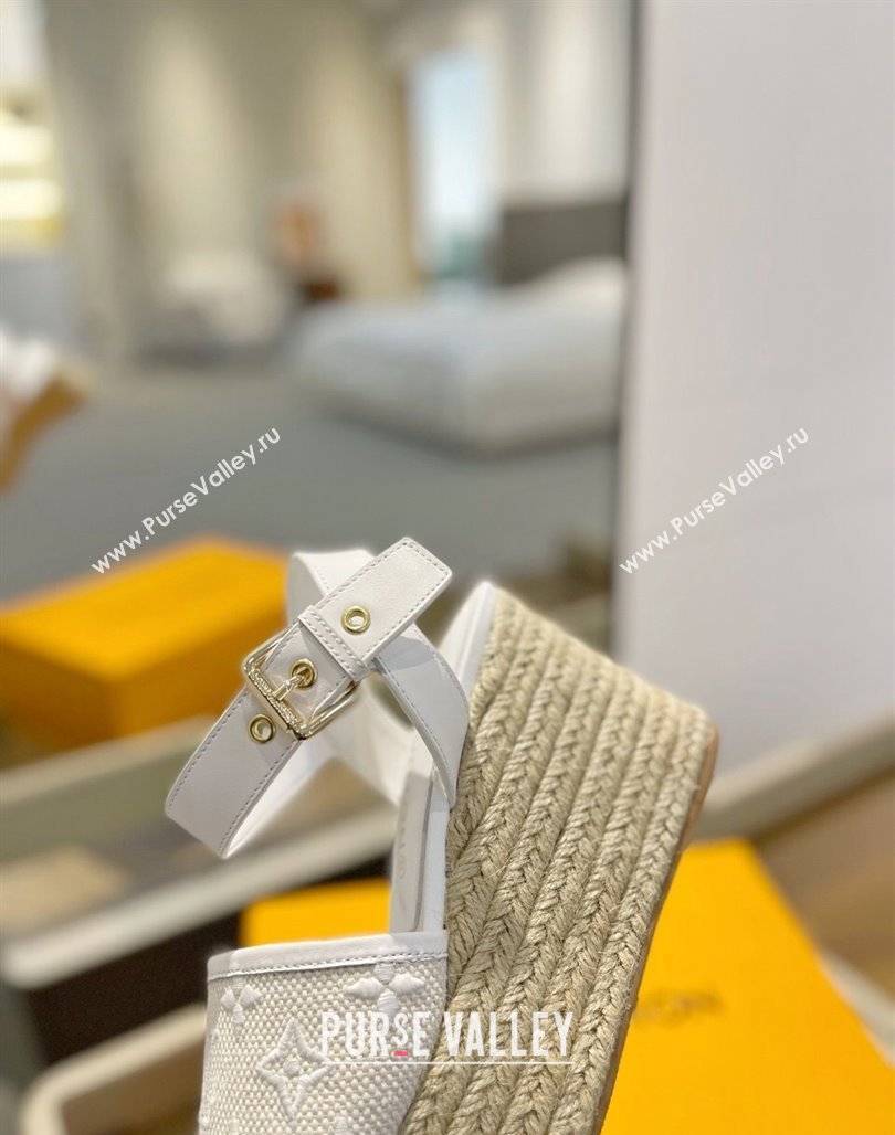 Louis Vuitton Starboard Wedge Sandals 10cm in Monogram-embroidered Cotton White 2024 (MD-240320100)