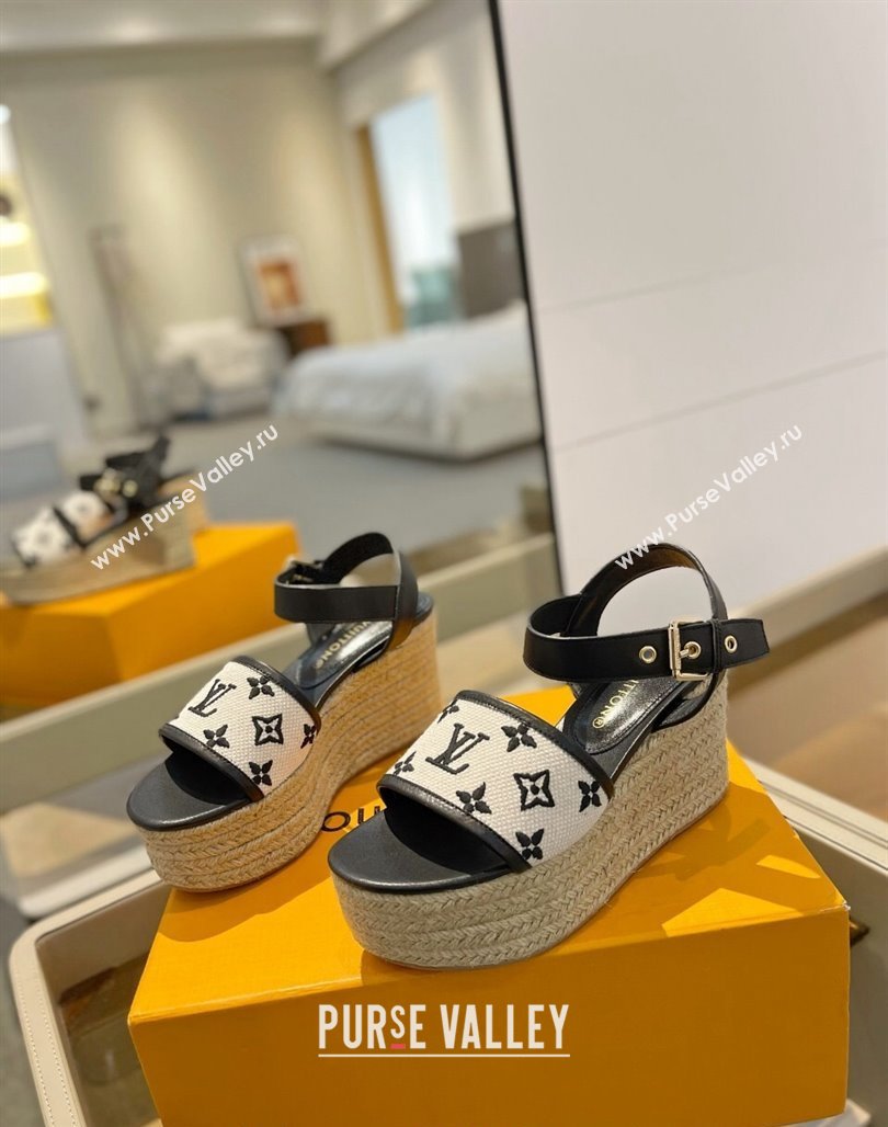 Louis Vuitton Starboard Wedge Sandals 10cm in Monogram-embroidered Cotton Black 2024 (MD-240320101)