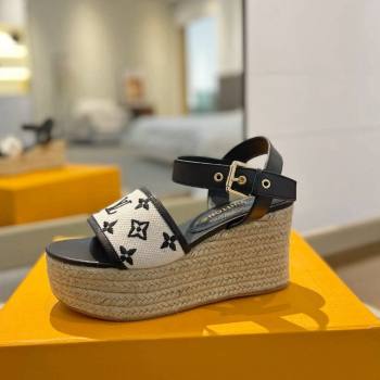 Louis Vuitton Starboard Wedge Sandals 10cm in Monogram-embroidered Cotton Black 2024 (MD-240320101)