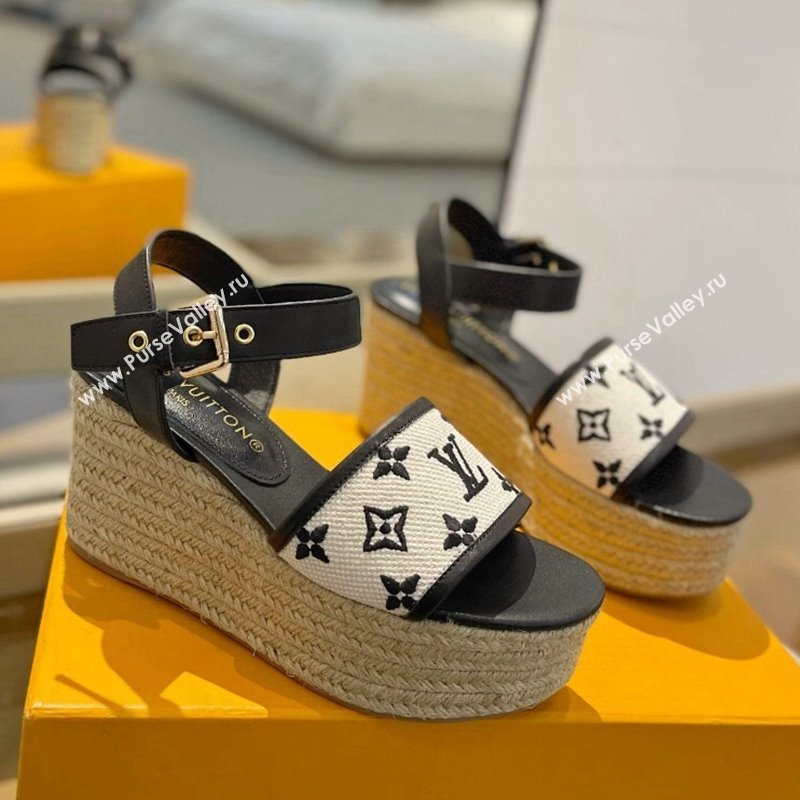 Louis Vuitton Starboard Wedge Sandals 10cm in Monogram-embroidered Cotton Black 2024 (MD-240320101)