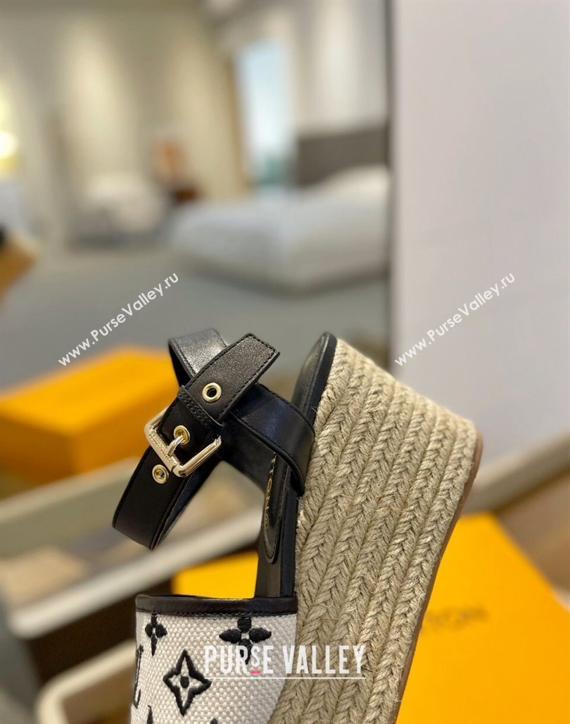 Louis Vuitton Starboard Wedge Sandals 10cm in Monogram-embroidered Cotton Black 2024 (MD-240320101)