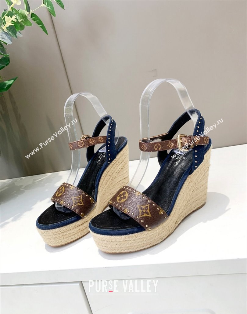 Louis Vuitton Starboard Wedge Sandals 12cm in Canvas and Leather with Studs Blue 2024 (MD-240320102)