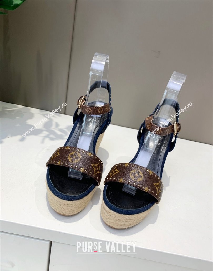 Louis Vuitton Starboard Wedge Sandals 12cm in Canvas and Leather with Studs Blue 2024 (MD-240320102)