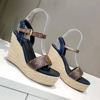 Louis Vuitton Starboard Wedge Sandals 12cm in Canvas and Leather with Studs Blue 2024 (MD-240320102)