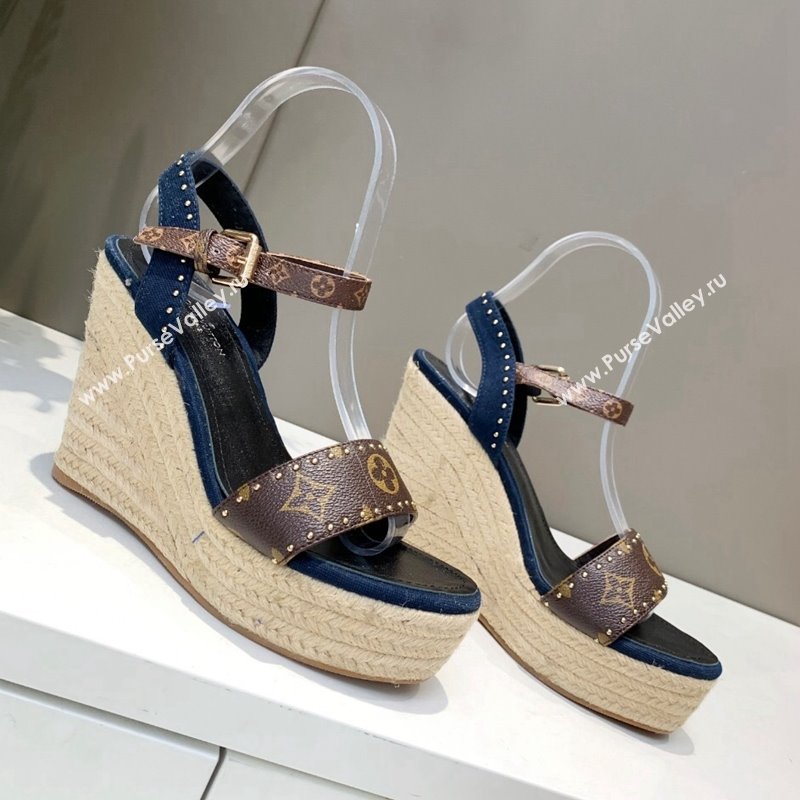 Louis Vuitton Starboard Wedge Sandals 12cm in Canvas and Leather with Studs Blue 2024 (MD-240320102)