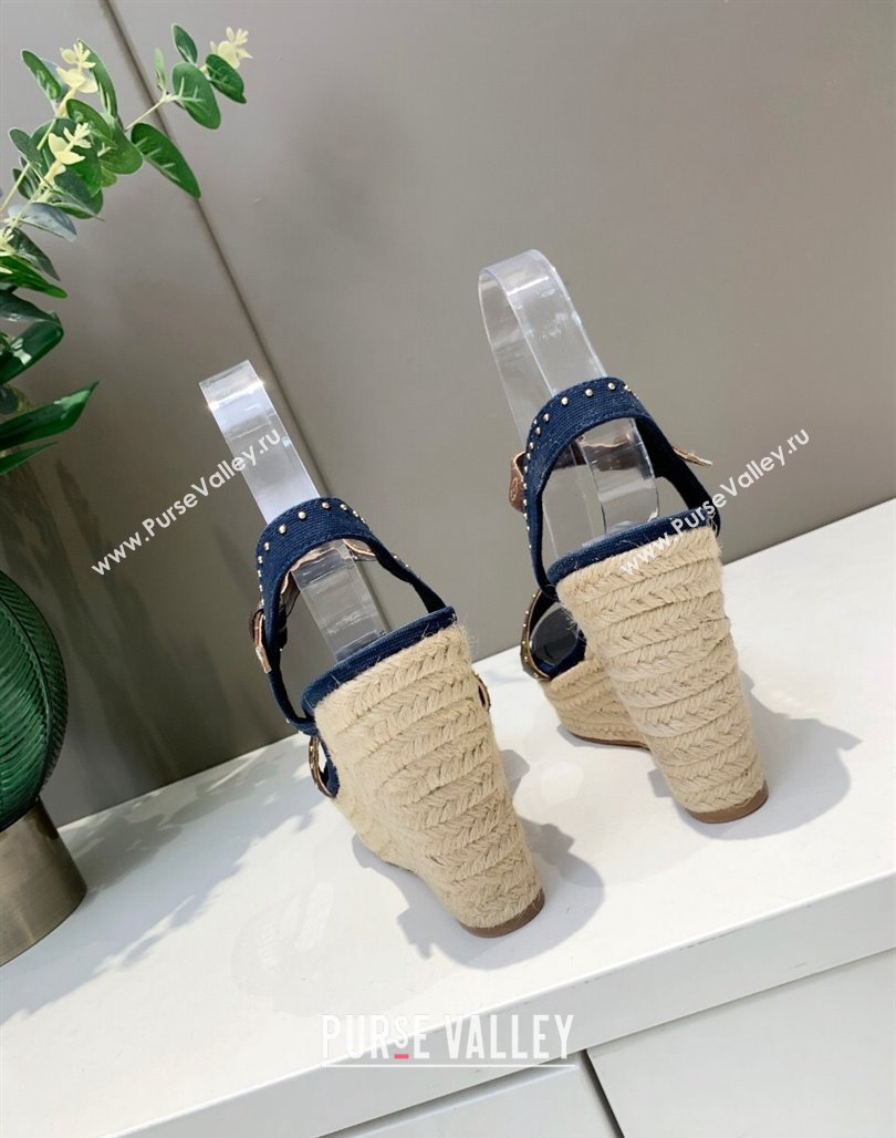 Louis Vuitton Starboard Wedge Sandals 12cm in Canvas and Leather with Studs Blue 2024 (MD-240320102)