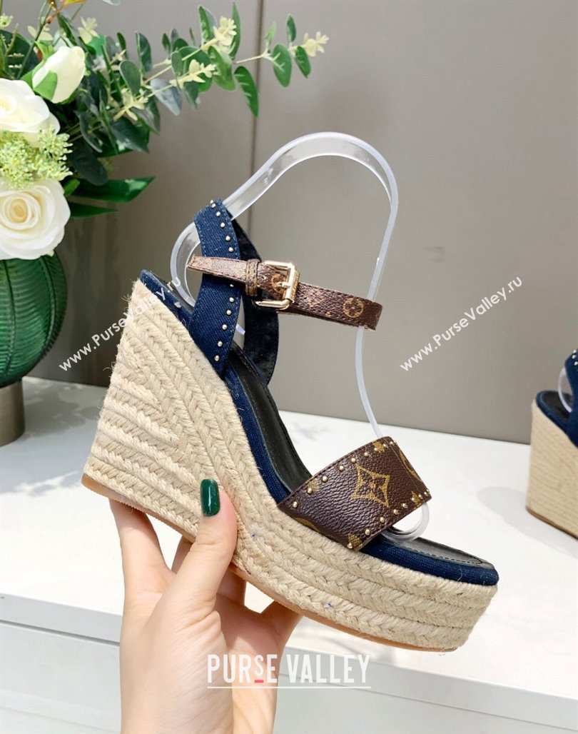 Louis Vuitton Starboard Wedge Sandals 12cm in Canvas and Leather with Studs Blue 2024 (MD-240320102)