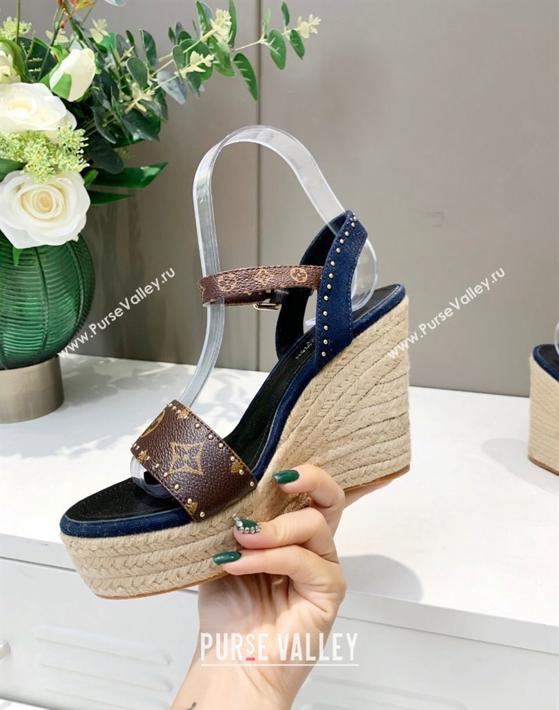 Louis Vuitton Starboard Wedge Sandals 12cm in Canvas and Leather with Studs Blue 2024 (MD-240320102)