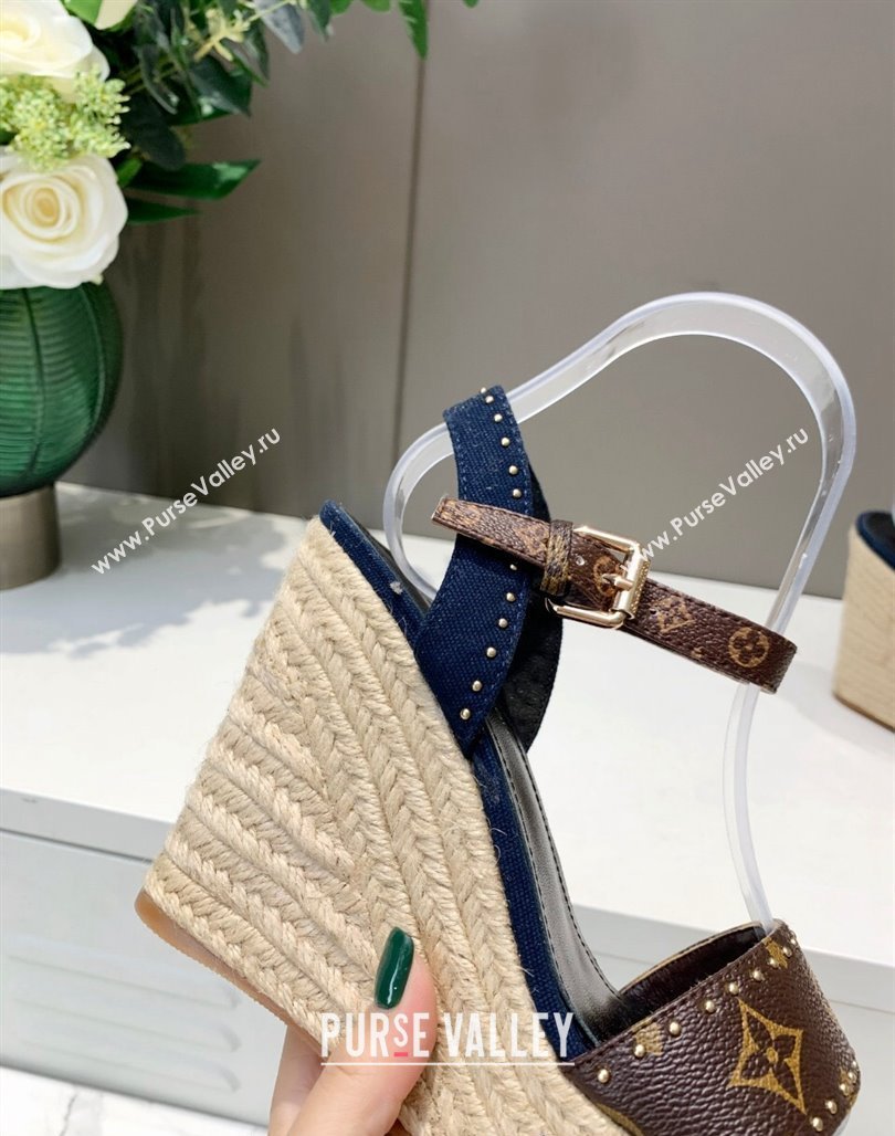 Louis Vuitton Starboard Wedge Sandals 12cm in Canvas and Leather with Studs Blue 2024 (MD-240320102)