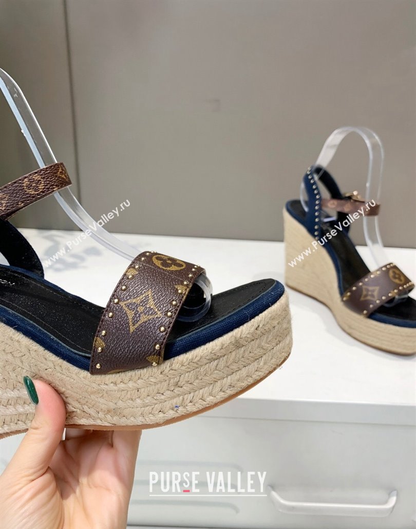 Louis Vuitton Starboard Wedge Sandals 12cm in Canvas and Leather with Studs Blue 2024 (MD-240320102)