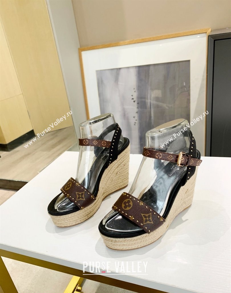 Louis Vuitton Starboard Wedge Sandals 12cm in Canvas and Leather with Studs Black 2024 (MD-240320103)