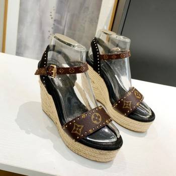 Louis Vuitton Starboard Wedge Sandals 12cm in Canvas and Leather with Studs Black 2024 (MD-240320103)