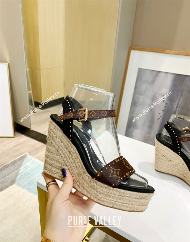 Louis Vuitton Starboard Wedge Sandals 12cm in Canvas and Leather with Studs Black 2024 (MD-240320103)