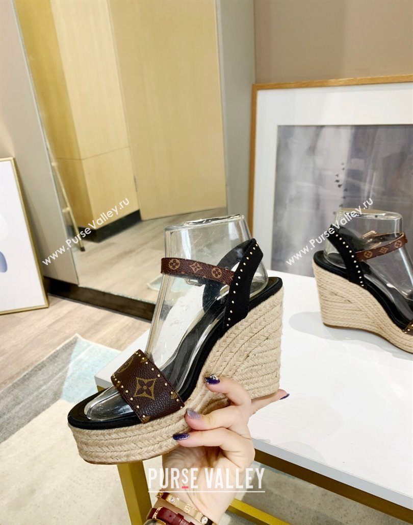 Louis Vuitton Starboard Wedge Sandals 12cm in Canvas and Leather with Studs Black 2024 (MD-240320103)