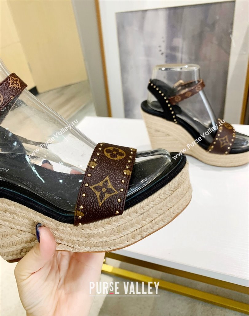 Louis Vuitton Starboard Wedge Sandals 12cm in Canvas and Leather with Studs Black 2024 (MD-240320103)