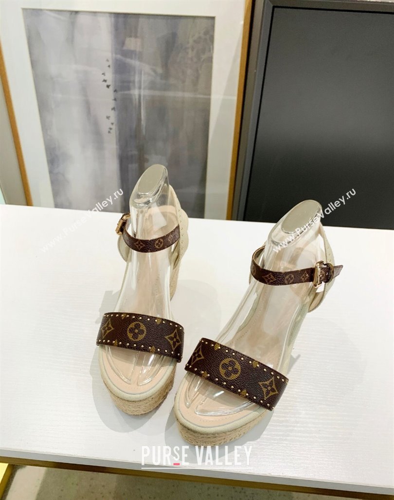 Louis Vuitton Starboard Wedge Sandals 12cm in Canvas and Leather with Studs White 2024 (MD-240320104)