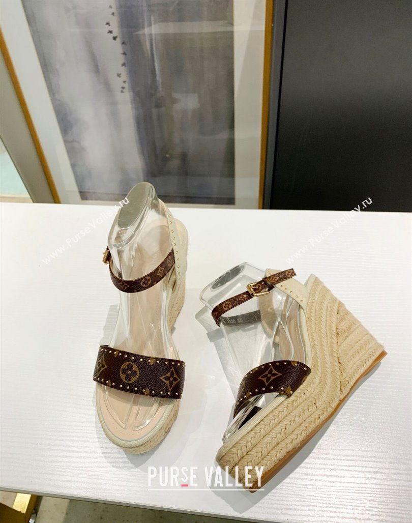 Louis Vuitton Starboard Wedge Sandals 12cm in Canvas and Leather with Studs White 2024 (MD-240320104)