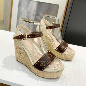 Louis Vuitton Starboard Wedge Sandals 12cm in Canvas and Leather with Studs White 2024 (MD-240320104)