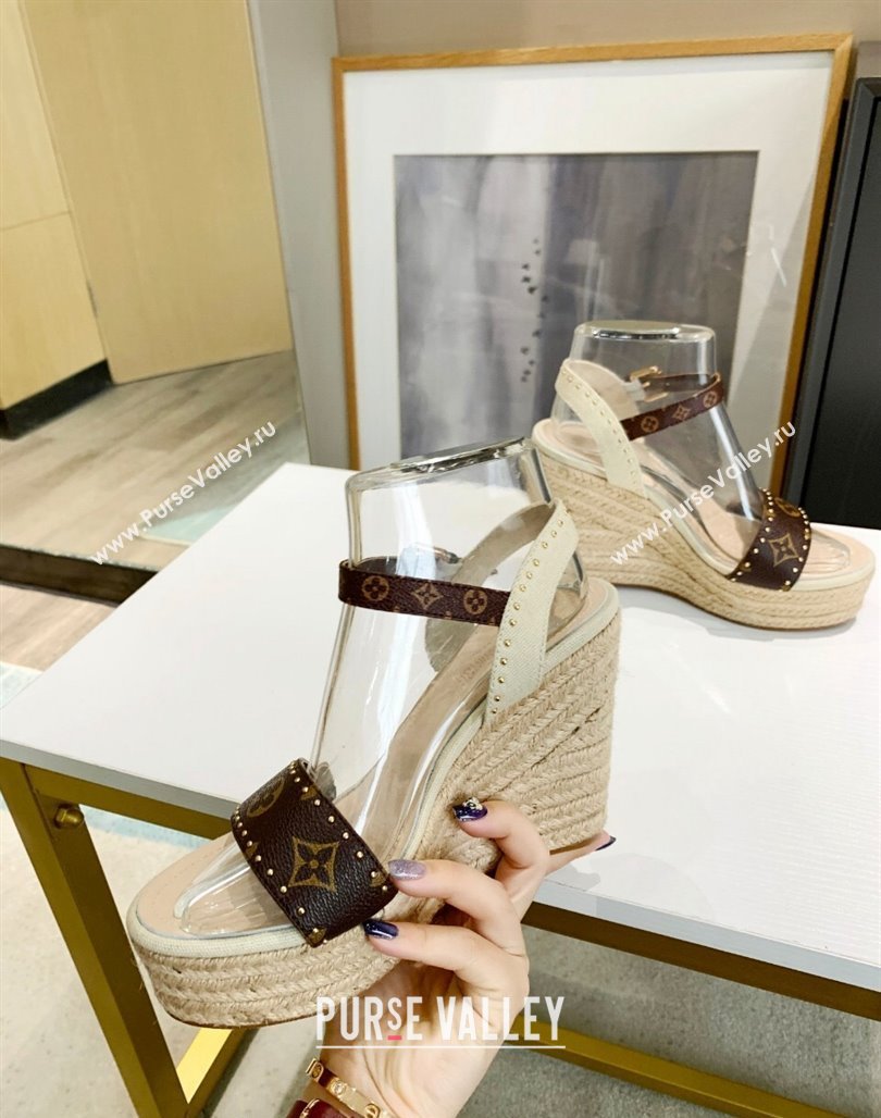 Louis Vuitton Starboard Wedge Sandals 12cm in Canvas and Leather with Studs White 2024 (MD-240320104)