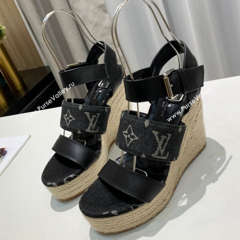 Louis Vuitton Starboard Wedge Sandals 10cm in Denim and Leather Black 2024 0320 (MD-240320105)