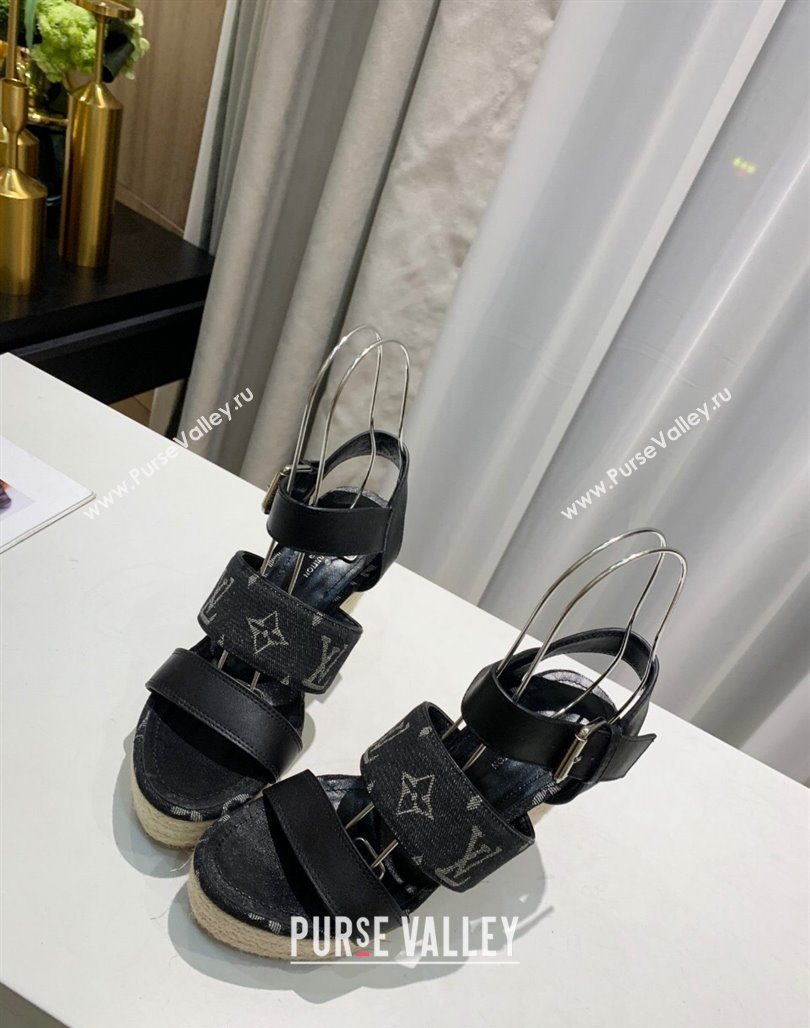 Louis Vuitton Starboard Wedge Sandals 10cm in Denim and Leather Black 2024 0320 (MD-240320105)