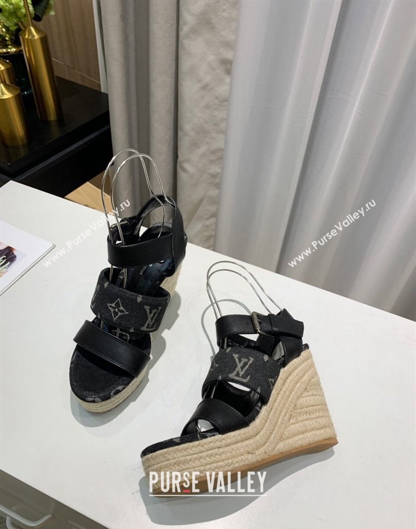 Louis Vuitton Starboard Wedge Sandals 10cm in Denim and Leather Black 2024 0320 (MD-240320105)