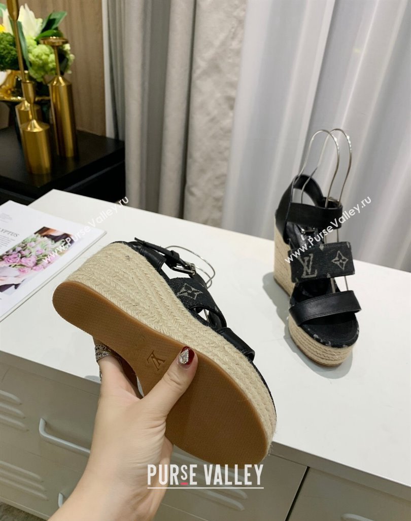 Louis Vuitton Starboard Wedge Sandals 10cm in Denim and Leather Black 2024 0320 (MD-240320105)