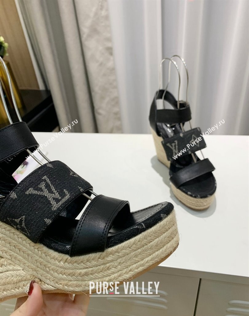 Louis Vuitton Starboard Wedge Sandals 10cm in Denim and Leather Black 2024 0320 (MD-240320105)