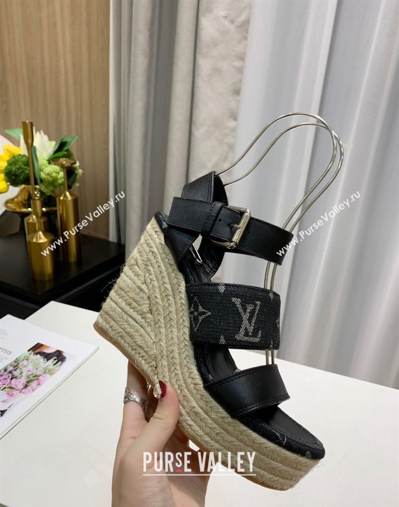 Louis Vuitton Starboard Wedge Sandals 10cm in Denim and Leather Black 2024 0320 (MD-240320105)