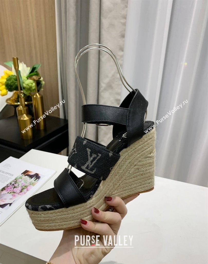 Louis Vuitton Starboard Wedge Sandals 10cm in Denim and Leather Black 2024 0320 (MD-240320105)