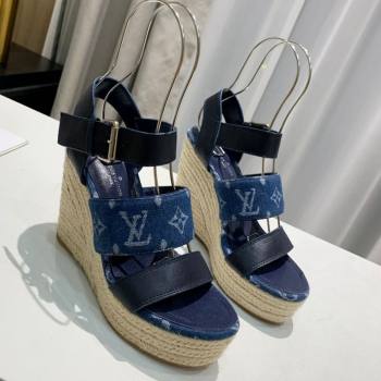 Louis Vuitton Starboard Wedge Sandals 10cm in Denim and Leather Blue 2024 0320 (MD-240320107)