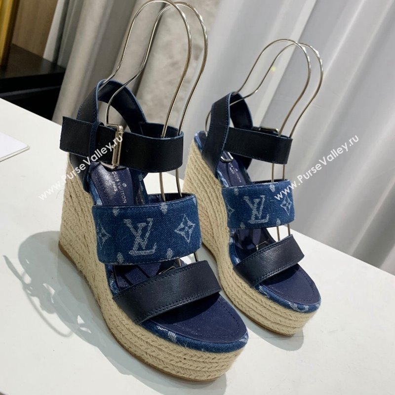 Louis Vuitton Starboard Wedge Sandals 10cm in Denim and Leather Blue 2024 0320 (MD-240320107)