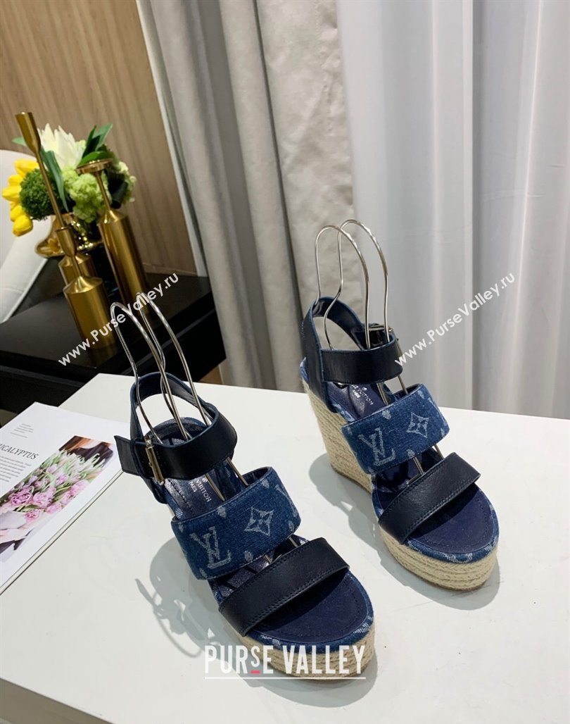 Louis Vuitton Starboard Wedge Sandals 10cm in Denim and Leather Blue 2024 0320 (MD-240320107)