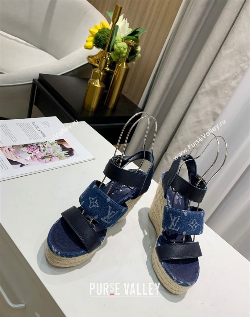 Louis Vuitton Starboard Wedge Sandals 10cm in Denim and Leather Blue 2024 0320 (MD-240320107)