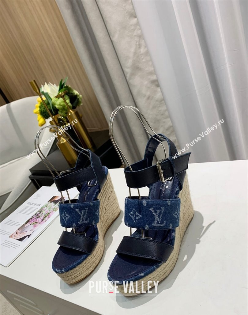 Louis Vuitton Starboard Wedge Sandals 10cm in Denim and Leather Blue 2024 0320 (MD-240320107)