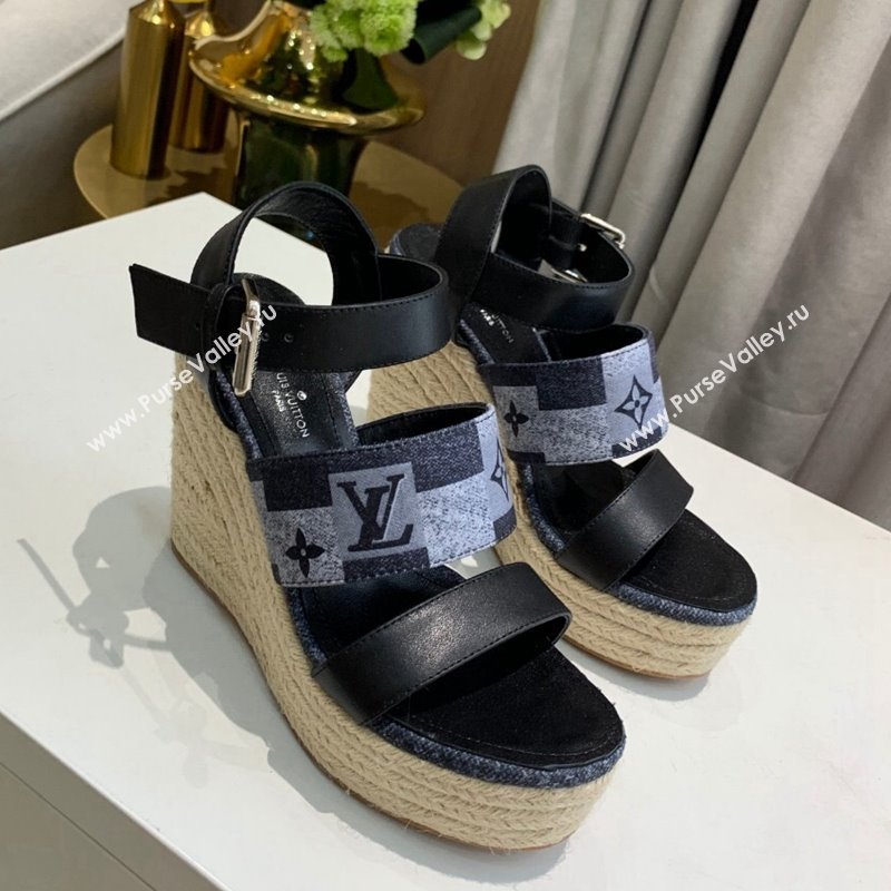 Louis Vuitton Starboard Wedge Sandals 10cm in Jacquard and Leather Black 2024 0320 (MD-240320110)