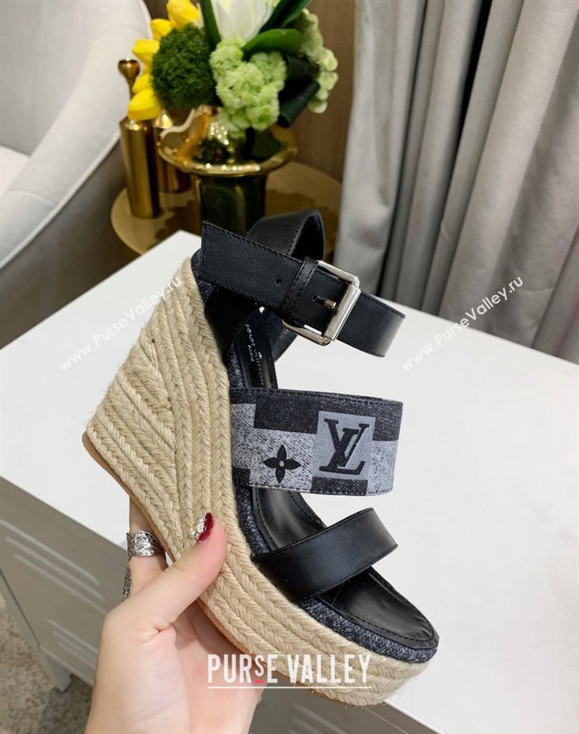 Louis Vuitton Starboard Wedge Sandals 10cm in Jacquard and Leather Black 2024 0320 (MD-240320110)