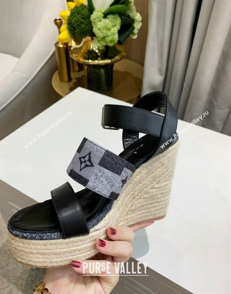 Louis Vuitton Starboard Wedge Sandals 10cm in Jacquard and Leather Black 2024 0320 (MD-240320110)