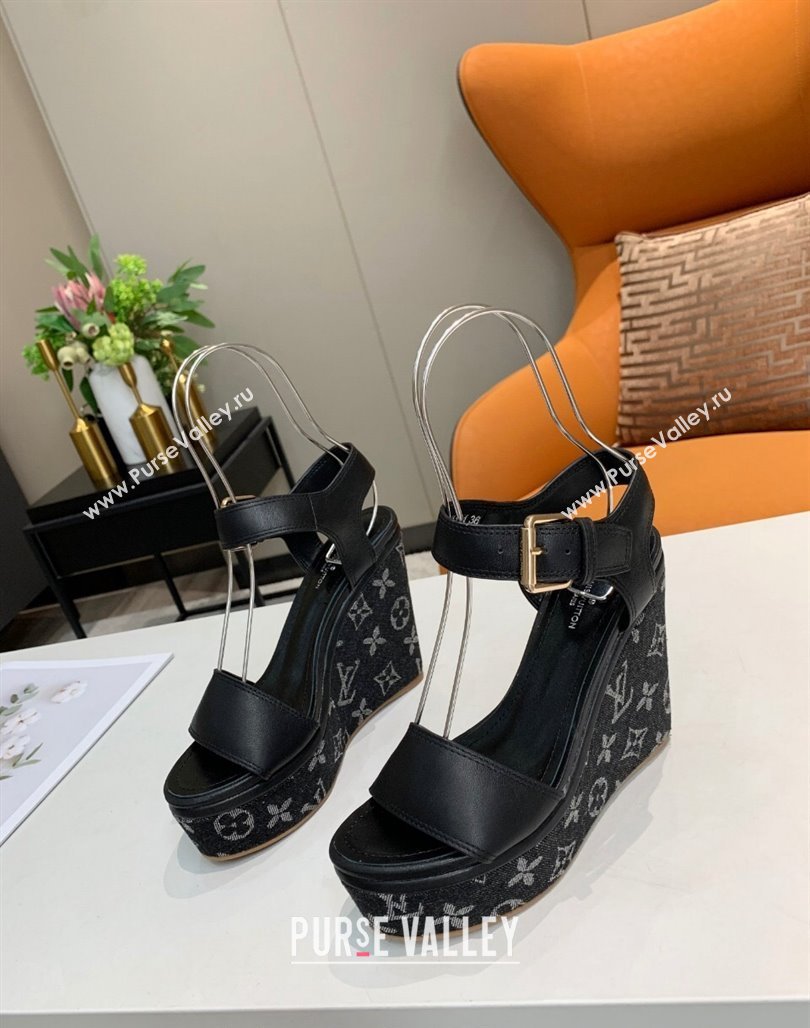 Louis Vuitton Starboard Wedge Sandals 10cm in Monogram Denim and Leather Black 2024 032003 (MD-240320112)