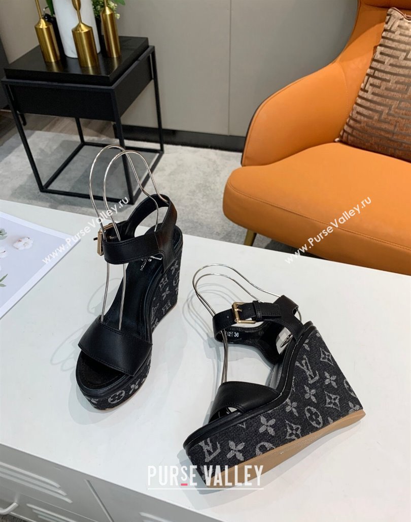 Louis Vuitton Starboard Wedge Sandals 10cm in Monogram Denim and Leather Black 2024 032003 (MD-240320112)