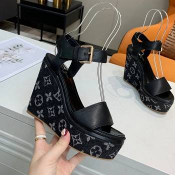 Louis Vuitton Starboard Wedge Sandals 10cm in Monogram Denim and Leather Black 2024 032003 (MD-240320112)