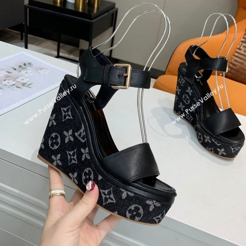 Louis Vuitton Starboard Wedge Sandals 10cm in Monogram Denim and Leather Black 2024 032003 (MD-240320112)