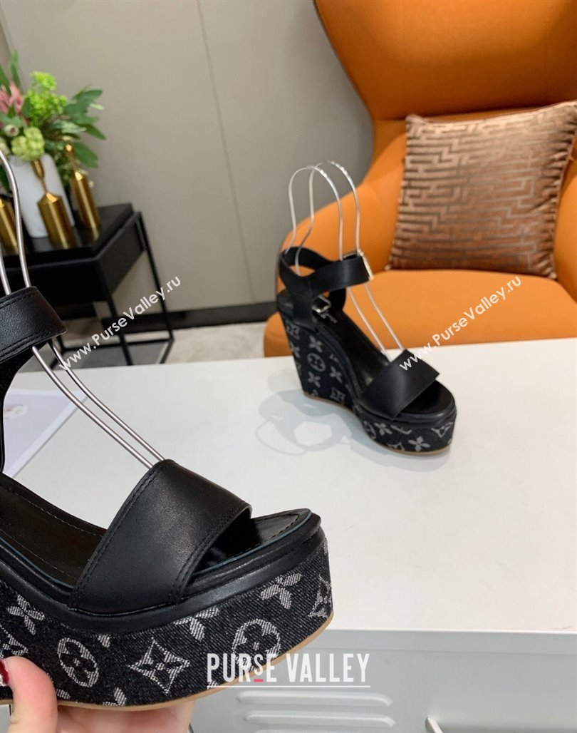 Louis Vuitton Starboard Wedge Sandals 10cm in Monogram Denim and Leather Black 2024 032003 (MD-240320112)