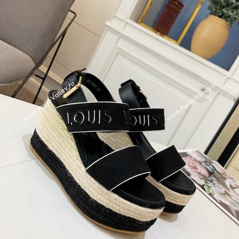 Louis Vuitton Starboard Wedge Sandals 10cm in Canvas Black 2024 032004 (MD-240320114)