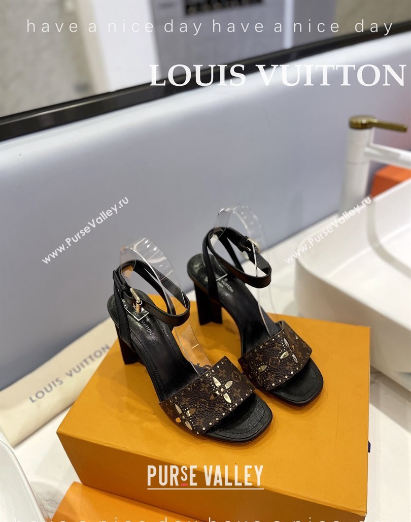 Louis Vuitton Monogram Bloom Sandals 8cm in Cutout Monogram Canvas Black 2024 032001 (MD-240320084)