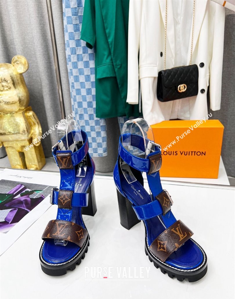 Louis Vuitton Patent Leather and Canvas Heel Sandals 9cm with Buckle Strap Blue 2024 (MD-240321030)