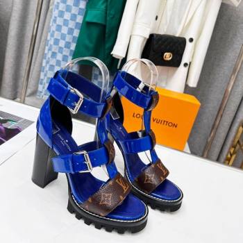 Louis Vuitton Patent Leather and Canvas Heel Sandals 9cm with Buckle Strap Blue 2024 (MD-240321030)